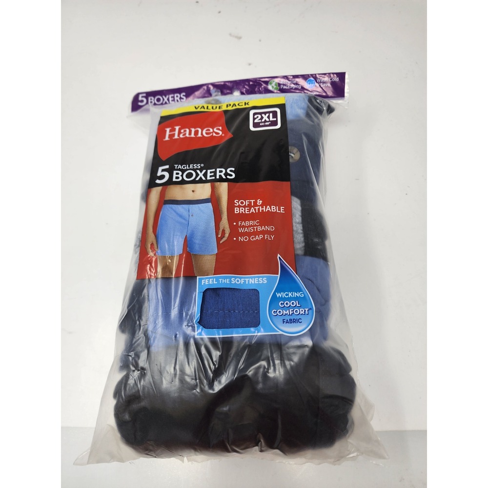 Hanes Mens Tagless 5 Pack Boxers Blue Cotton Blend Casual Size 2XL